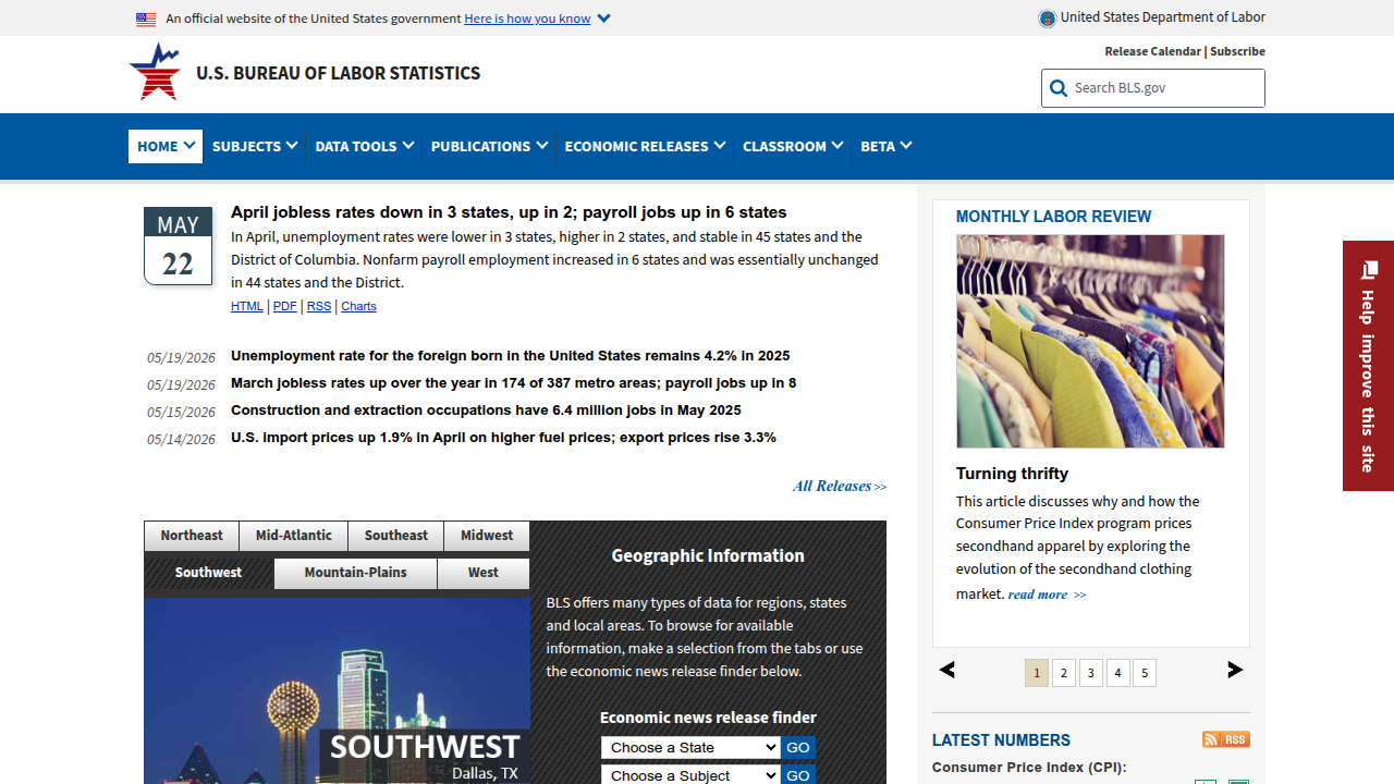 The homepage of the Bureau of Labor Statistics, a primary source for employment data and wage information in the legal profession.
