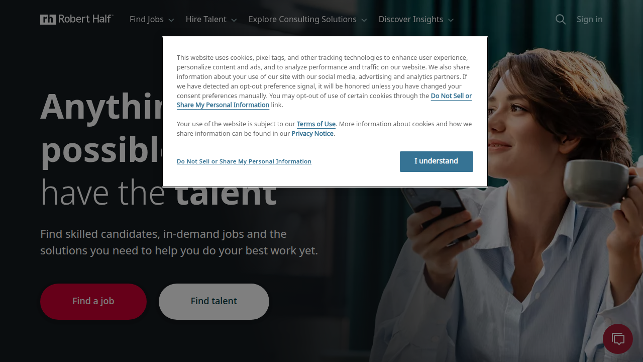 The homepage of Robert Half, a major recruiting firm often cited for its legal salary data and regional compensation insights.