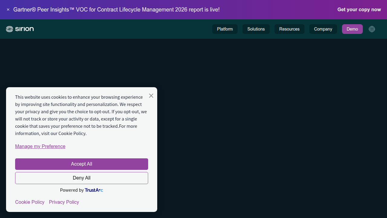 Screenshot of the Sirion.ai homepage, a company specializing in contract lifecycle management.