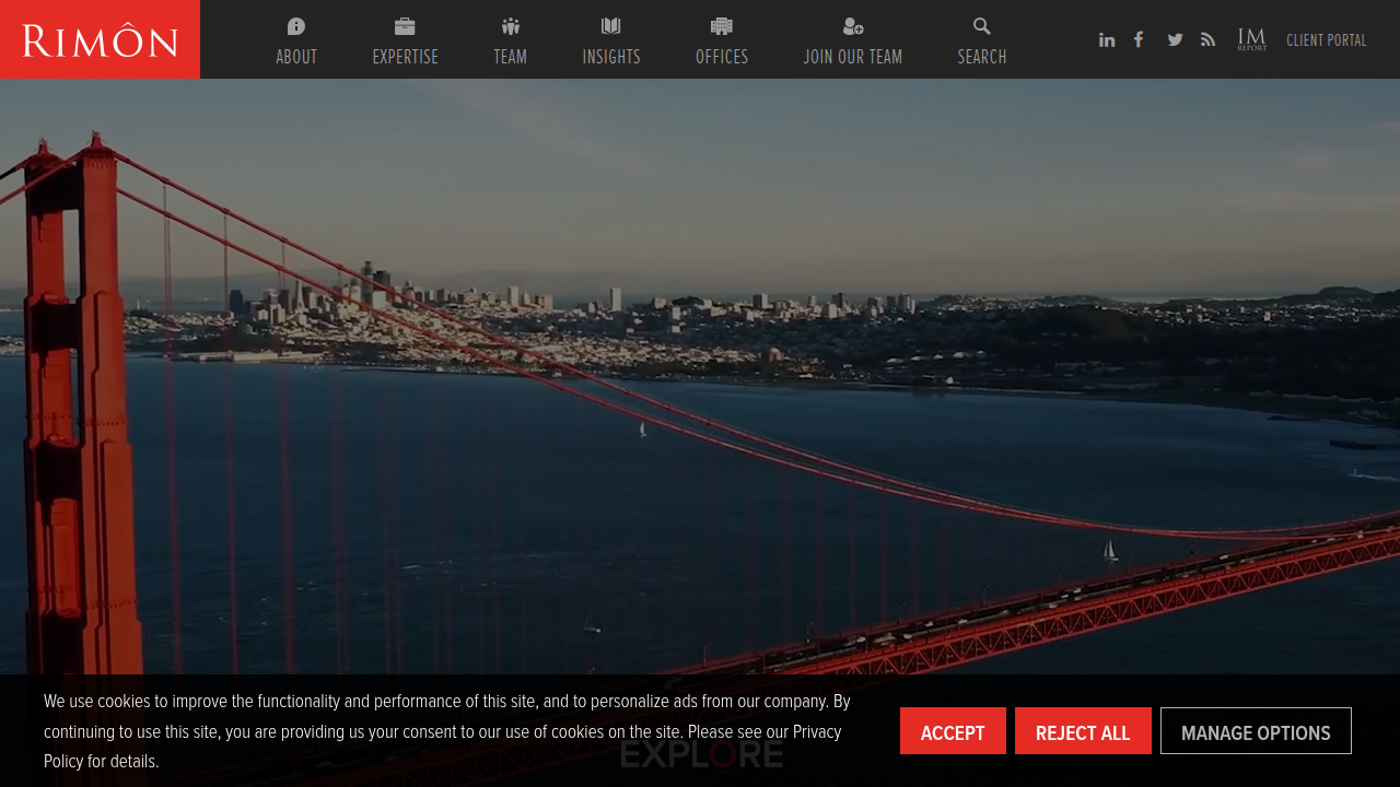 The homepage of Rimon Law, showcasing its pioneering virtual law firm model and global reach.