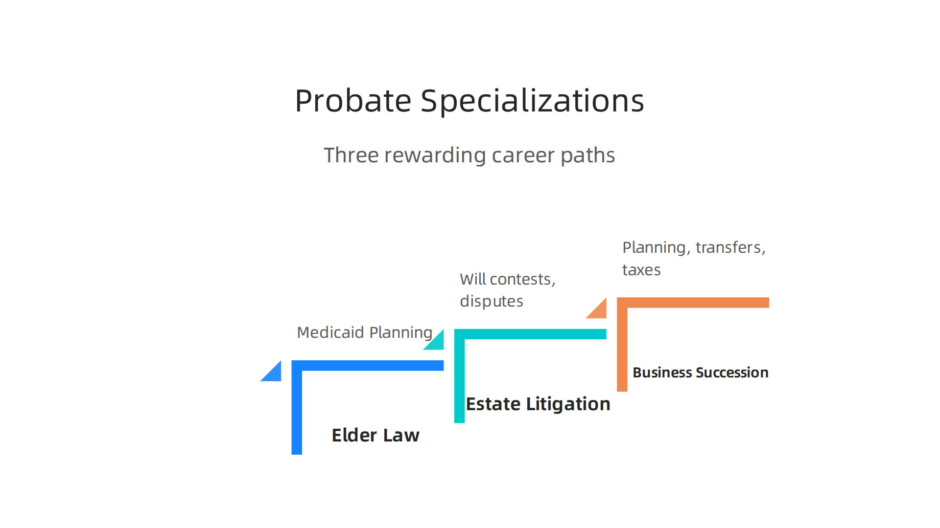 An infographic showcasing distinct specialization paths within probate law for targeted expertise and client service.