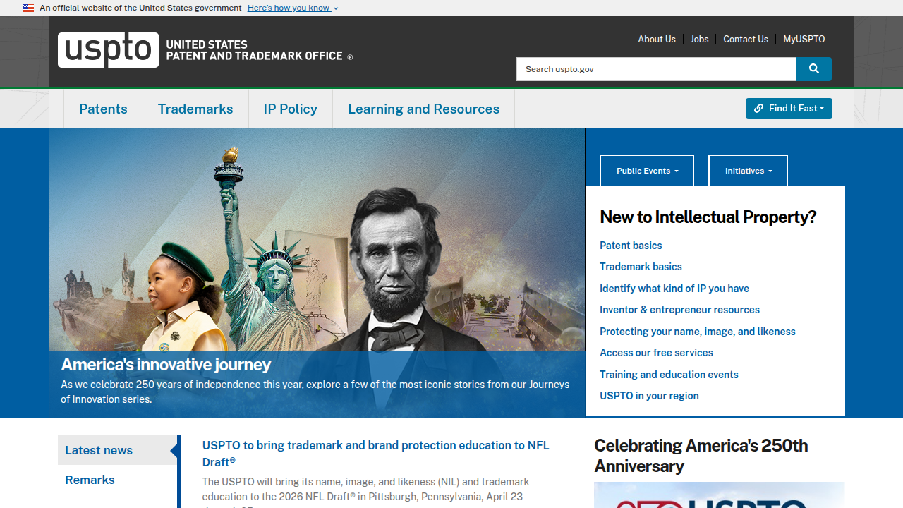 The official USPTO website, a critical resource for businesses seeking trademark registration in the U.S.