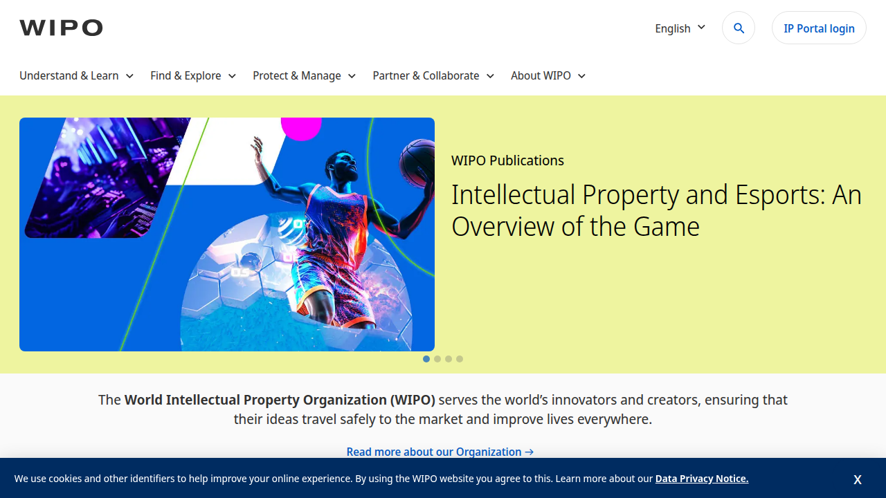 The homepage of the World Intellectual Property Organization (WIPO), showcasing its role in global IP protection.