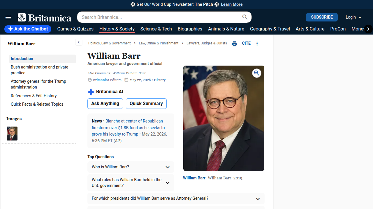 A biographical entry for William Barr on Britannica, providing a reliable overview of his education and public service career.