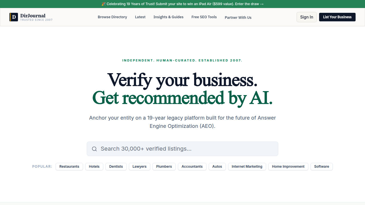 Screenshot of DirJournal's homepage, a resource for digital marketing insights, including legal directories.