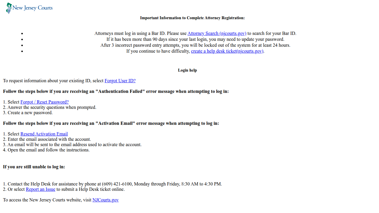 Screenshot of the New Jersey Courts Online Attorney Search portal, a tool for checking lawyer credentials and insights.