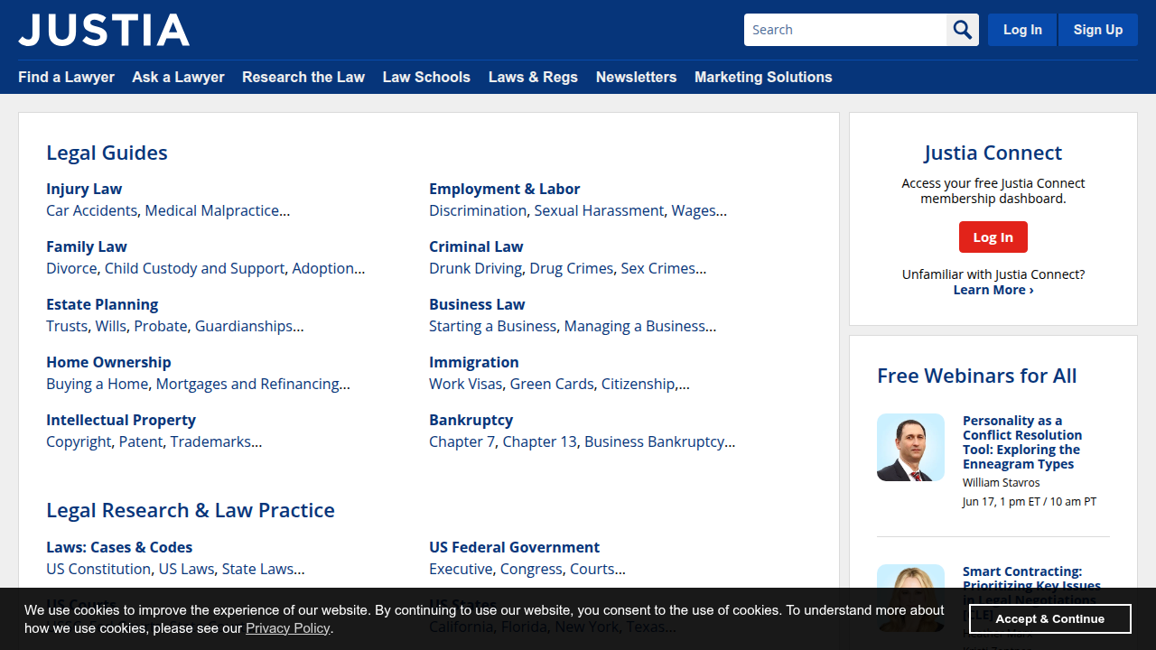Screenshot of Justia's homepage, a popular online legal directory for finding lawyers and legal information.