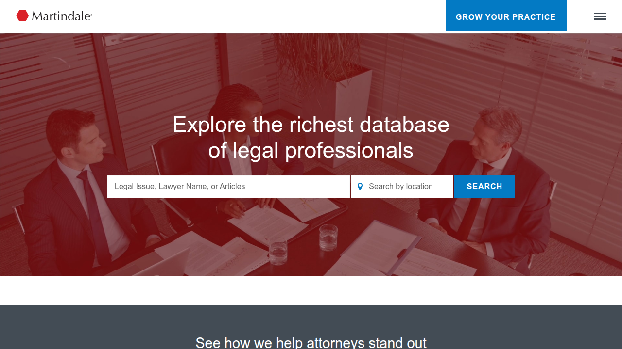 Screenshot of Martindale-Hubbell's homepage, a respected legal network focusing on peer reviews and ratings.