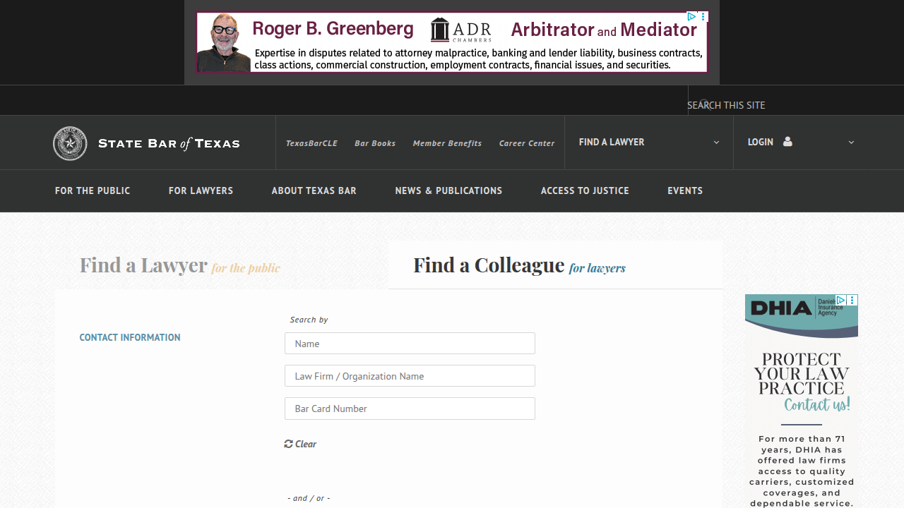 The 'Find a Lawyer' page on the Texas Bar website, the main interface for the attorney search tool.