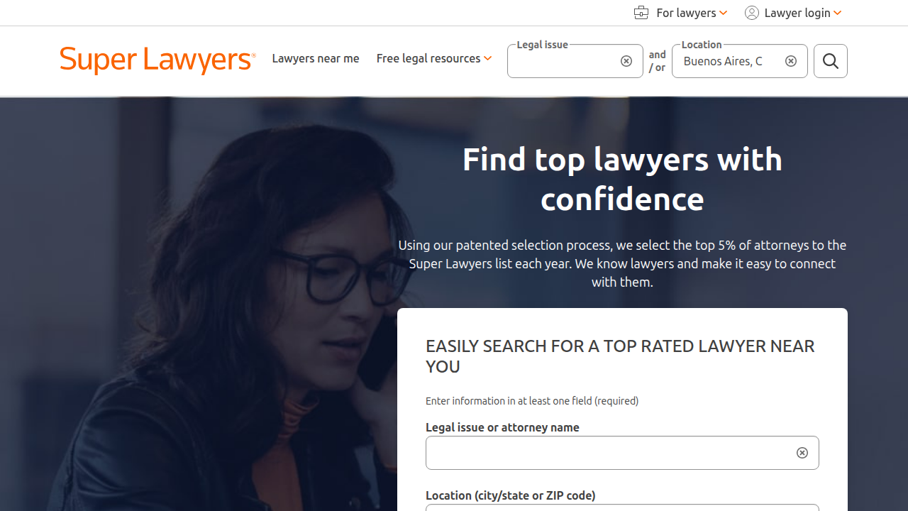 The SuperLawyers website, a platform where legal professionals and clients can find lawyer profiles and firm details.