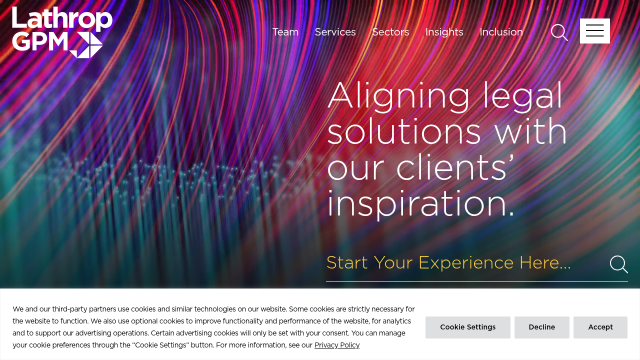 Homepage of Lathrop GPM, a law firm providing insights on legal topics including data privacy and security.