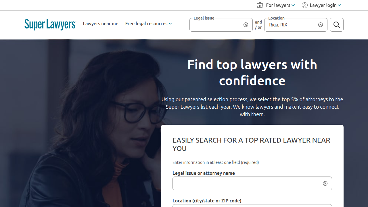 A screenshot of the Super Lawyers website homepage, a recognized rating service for outstanding lawyers.