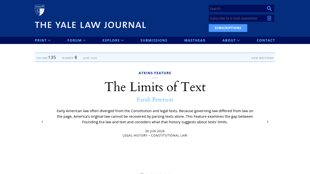 The Yale Law Journal homepage, a leading publication influencing legal doctrine and technology.