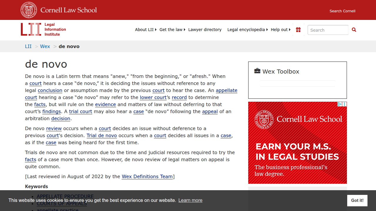 Access authoritative legal definitions and explanations, such as the meaning of 'de novo' from the Cornell Legal Information Institute.