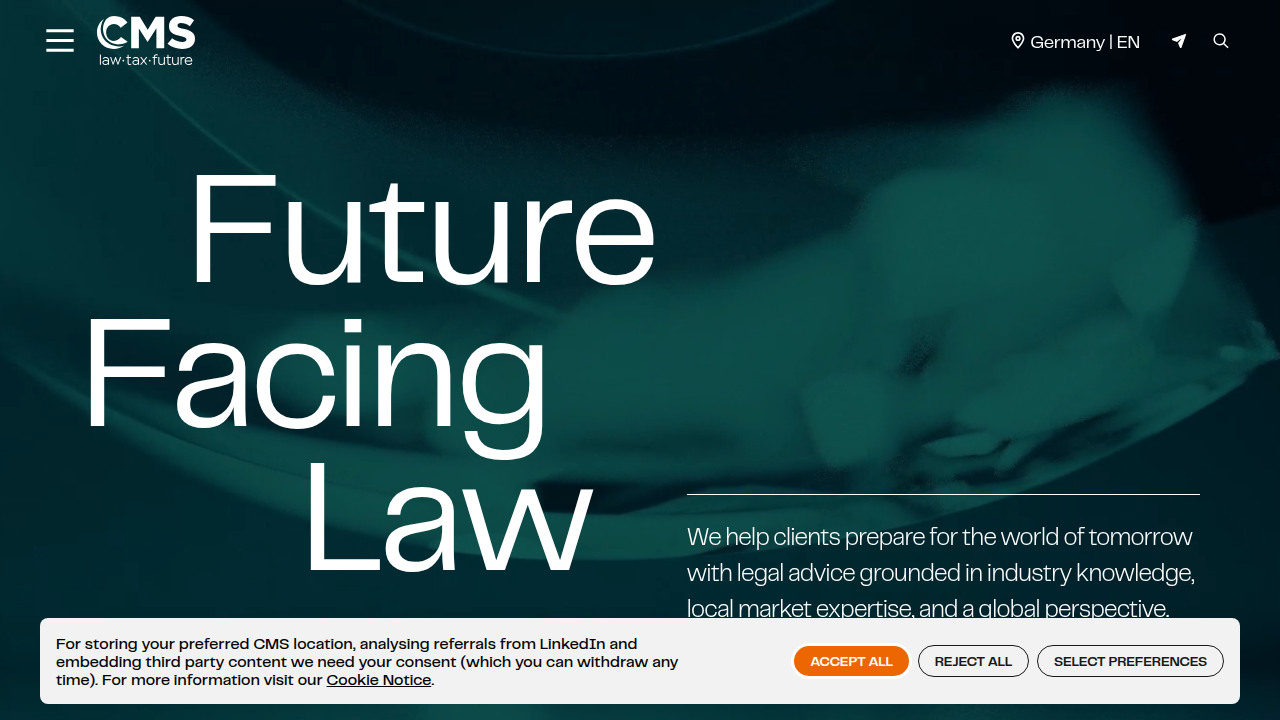 The homepage of CMS Law, a global law firm, indicating their focus on M&A and legal trends.
