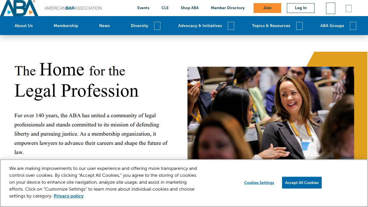 Screenshot of the American Bar Association (ABA) website, a primary legal resource and professional organization.