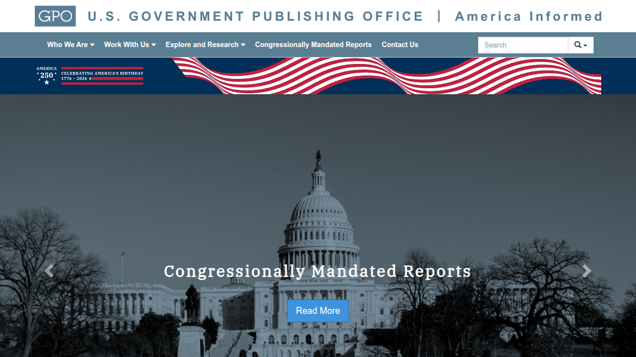 Screenshot of GovInfo's homepage, the official U.S. Government Publishing Office website for federal documents.