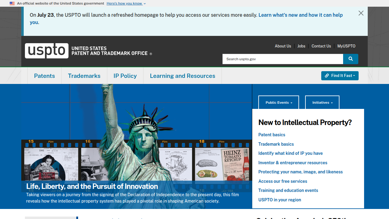 The official website for the United States Patent and Trademark Office, providing resources for trademark registration.