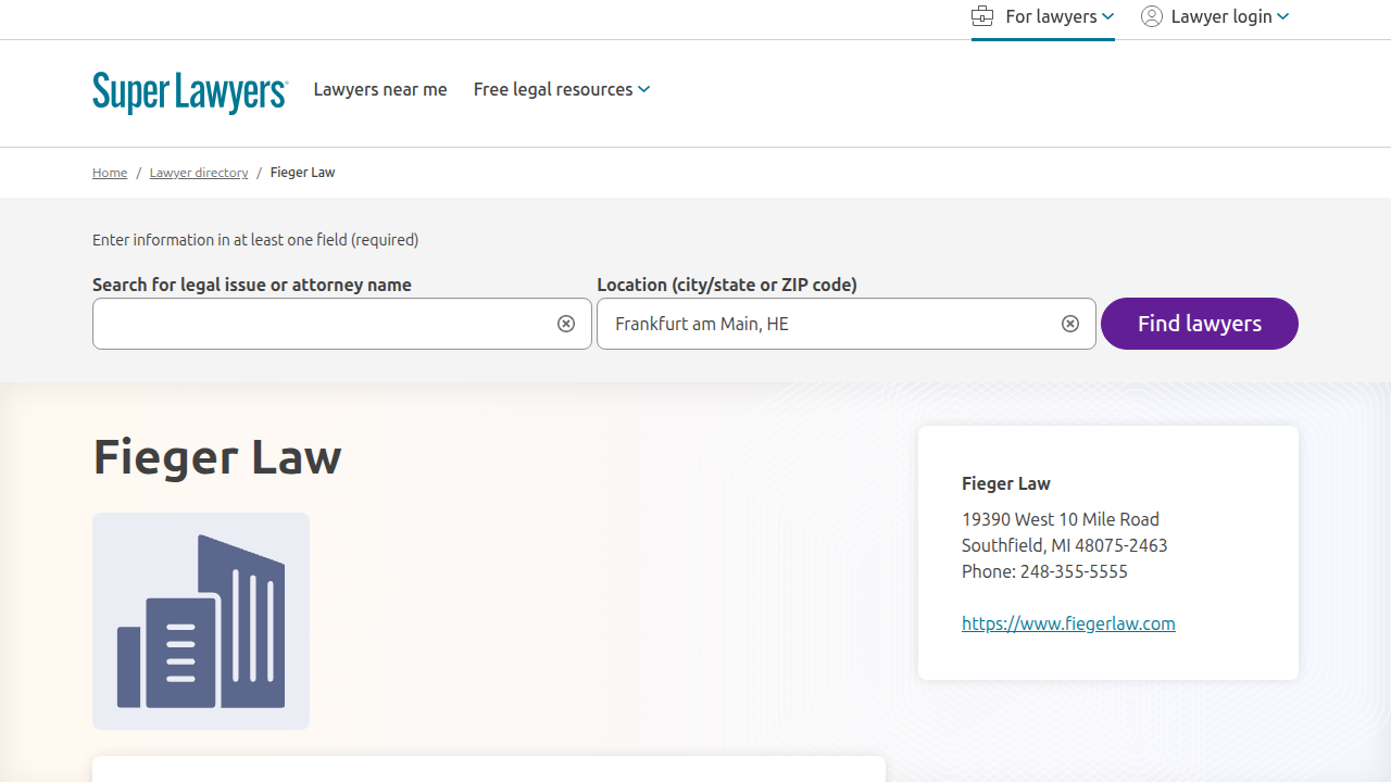 A Super Lawyers profile for Fieger Law, a starting point for verifying attorney information.