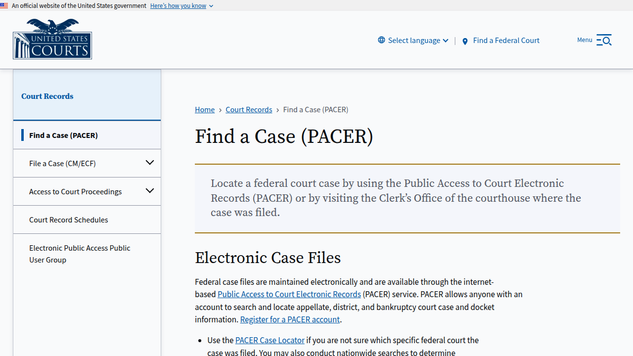 Access federal court records through PACER to research a lawyer's past cases and involvement.