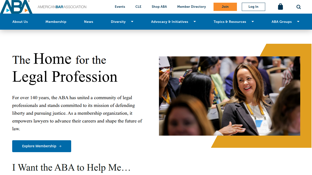 The homepage of the American Bar Association, a key resource for legal professionals.