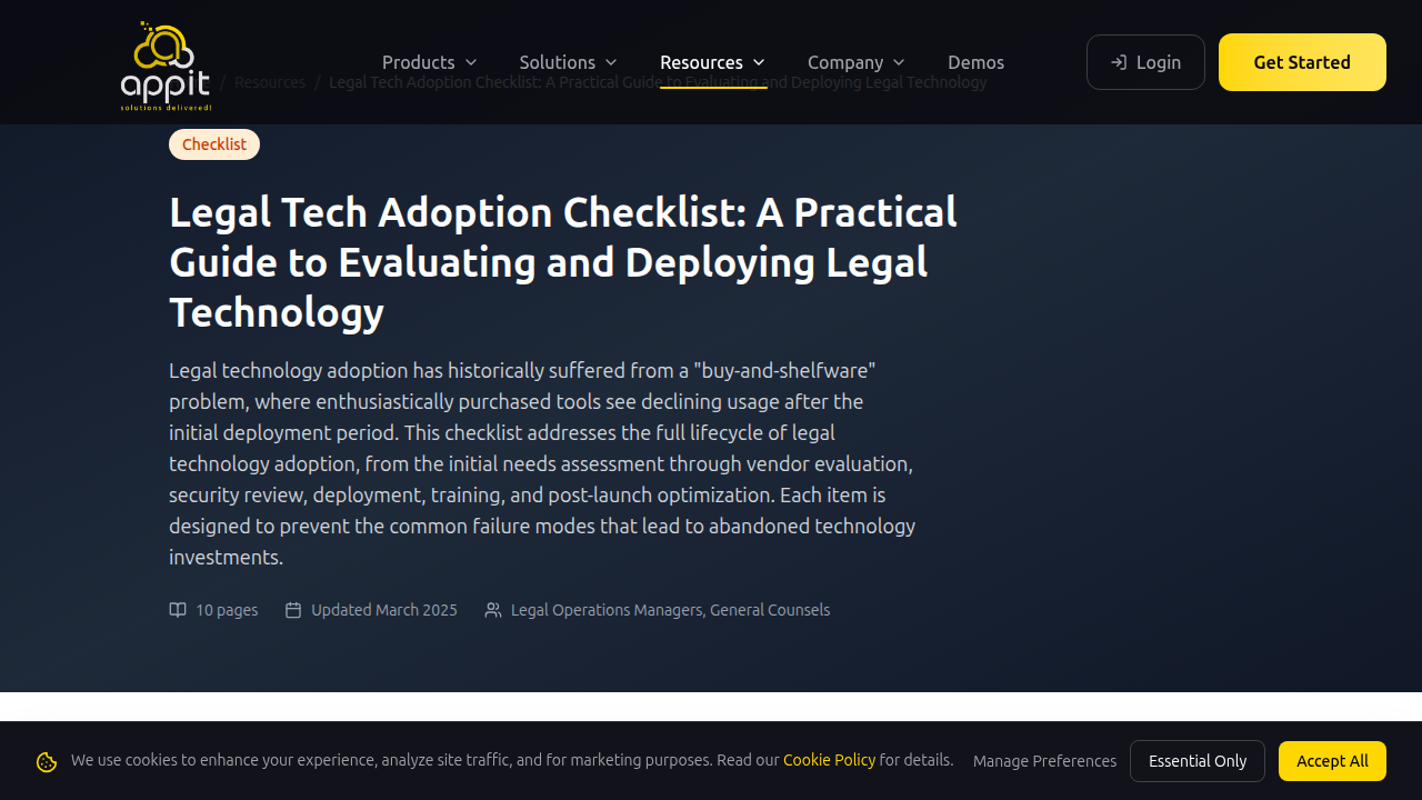 Screenshot of Appit Software's Legal Tech Adoption Checklist, a practical guide for implementing new tools.