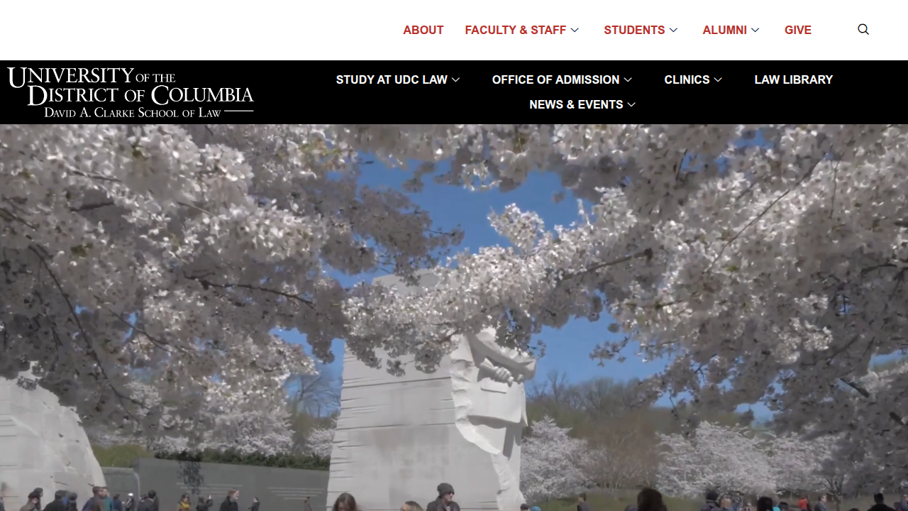The official homepage for the University of the District of Columbia David A. Clarke School of Law, showcasing its programs and focus on practical legal education.