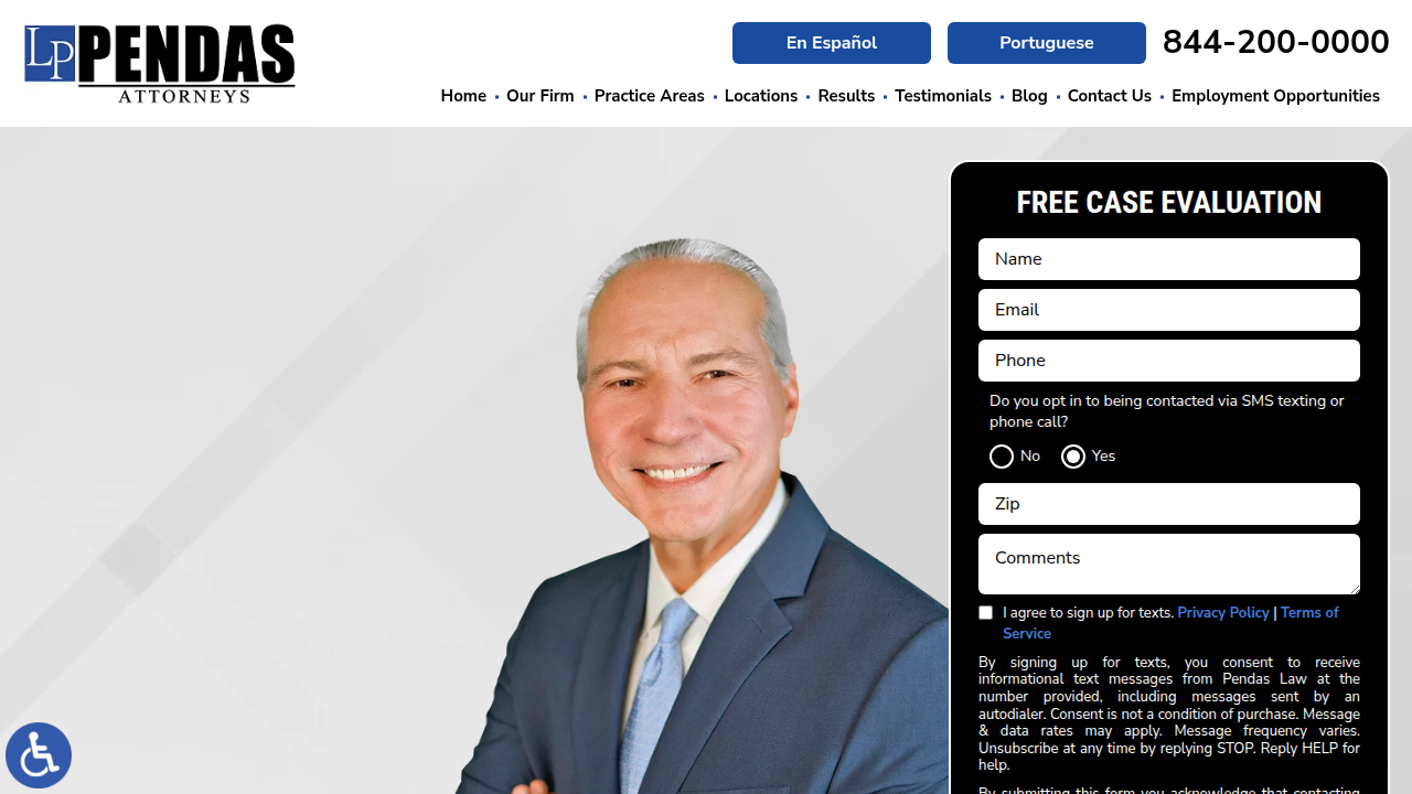 The Pendas Law Firm's homepage offers an overview of their legal services and firm history.