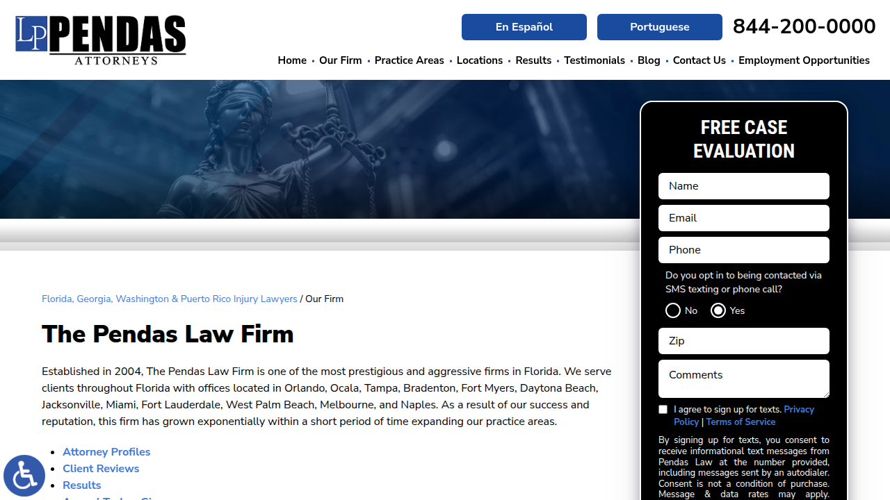The 'About Us' page details The Pendas Law Firm's expertise in various personal injury practice areas.