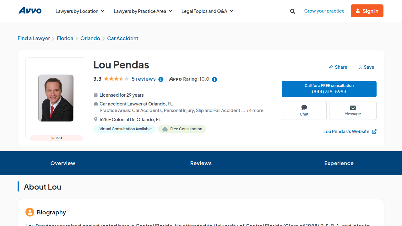 Lou Pendas's profile on Avvo provides details about his experience and specific legal focus.