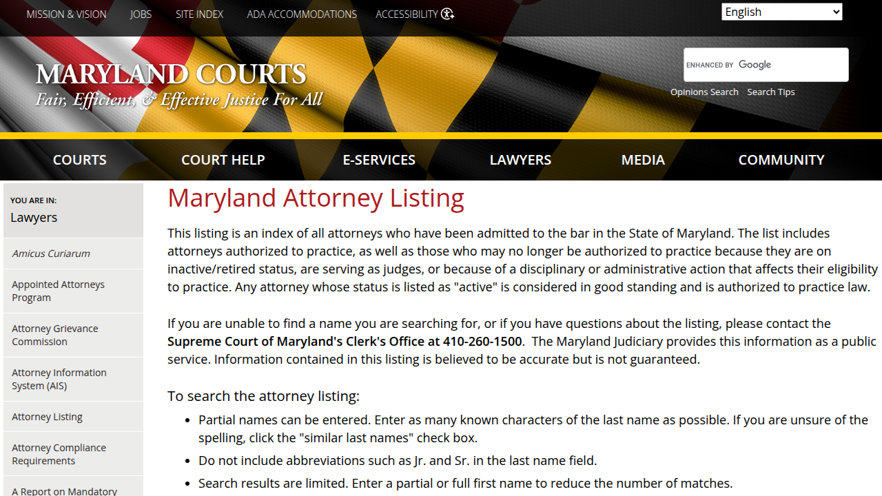 Screenshot of the Maryland Judiciary's online service for searching licensed attorneys, a crucial first step in verifying legal professionals.