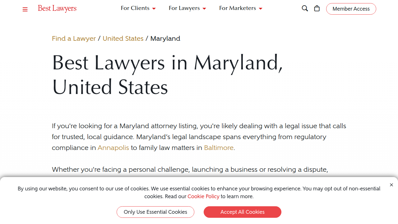 Screenshot of Best Lawyers website, showcasing top attorneys in Maryland for various practice areas, aiding in specialized lawyer discovery.