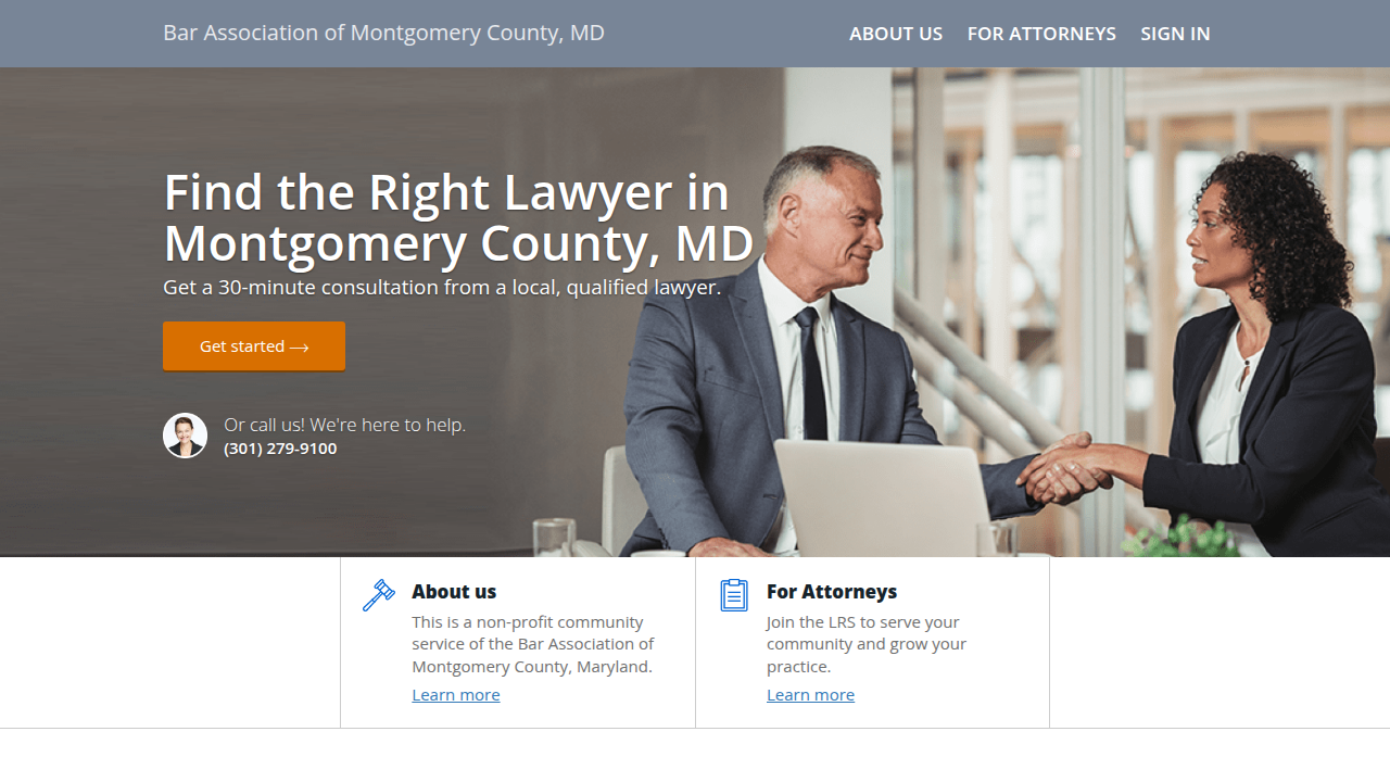 Screenshot of the homepage for the Bar Association of Montgomery County, highlighting local legal services and lawyer referral programs.