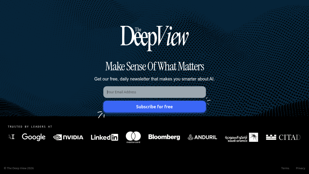 Screenshot of The Deep View newsletter subscription page, offering updates on AI and legal technology.