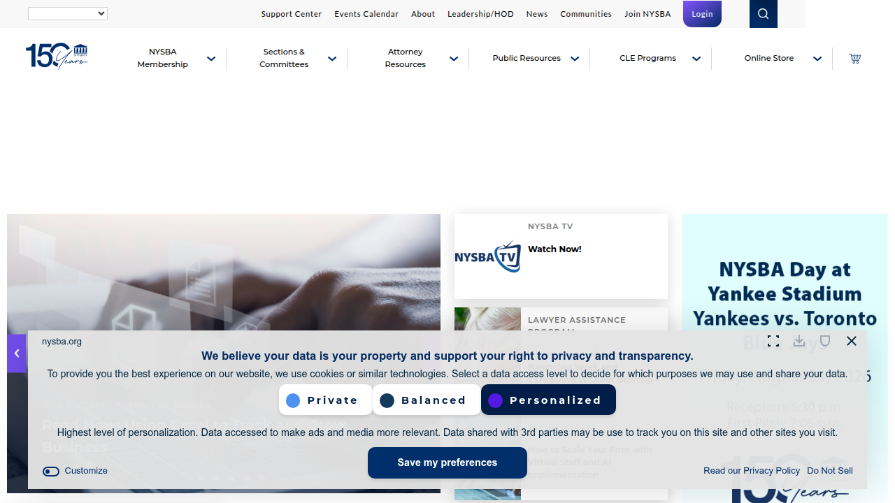 Screenshot of the New York State Bar Association website, providing ethics opinions and professional guidelines.