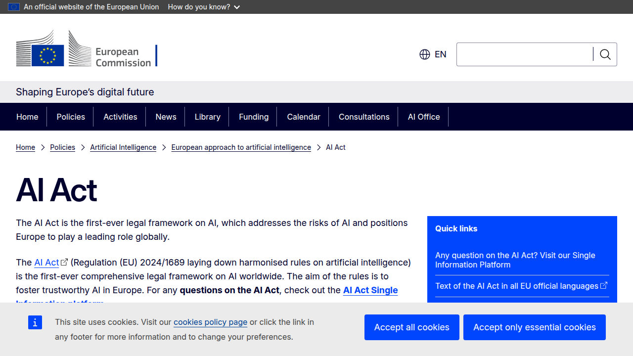 A screenshot of the European Commission's Digital Strategy page focusing on the regulatory framework for AI (the EU AI Act).