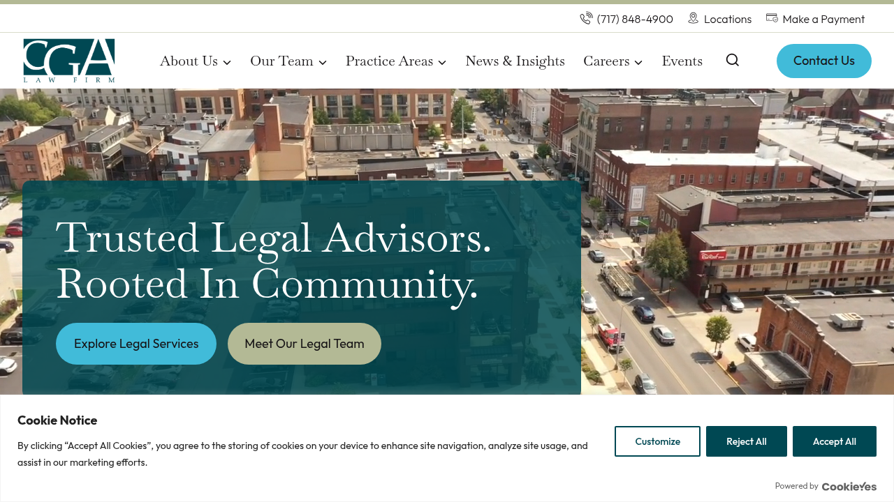 A screenshot of CGA Law Firm's official website, providing an overview of their services and history.
