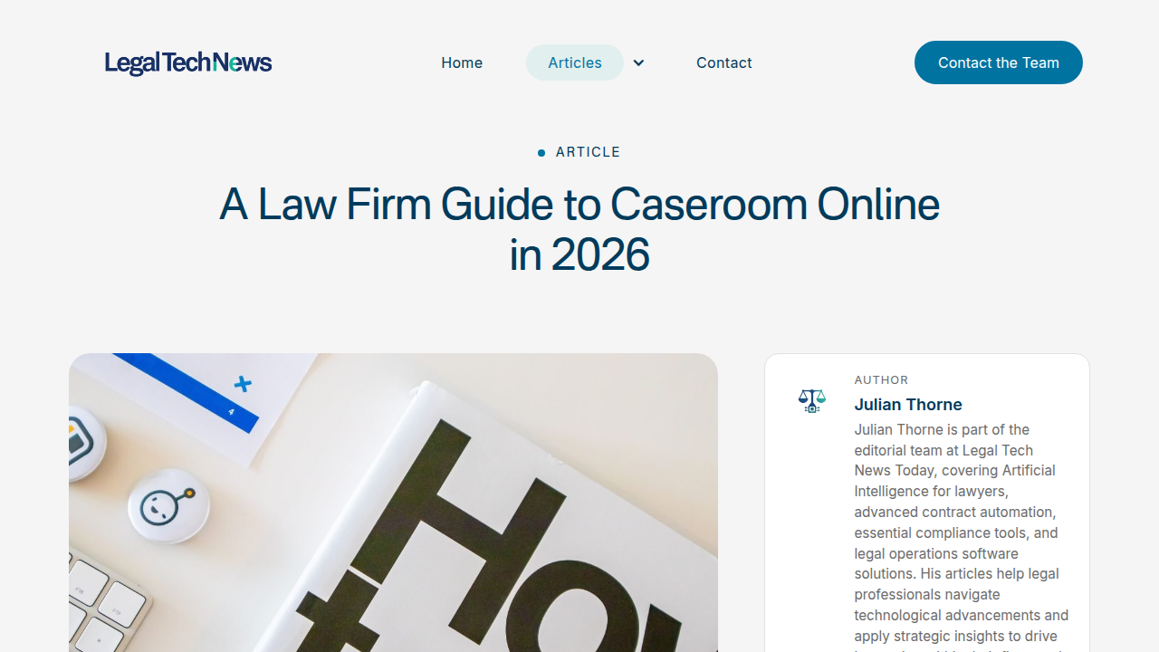 Screenshot of a LegalTechNewsToday article exploring CaseRoom Online, a matter management software, relevant for legal tech selection.
