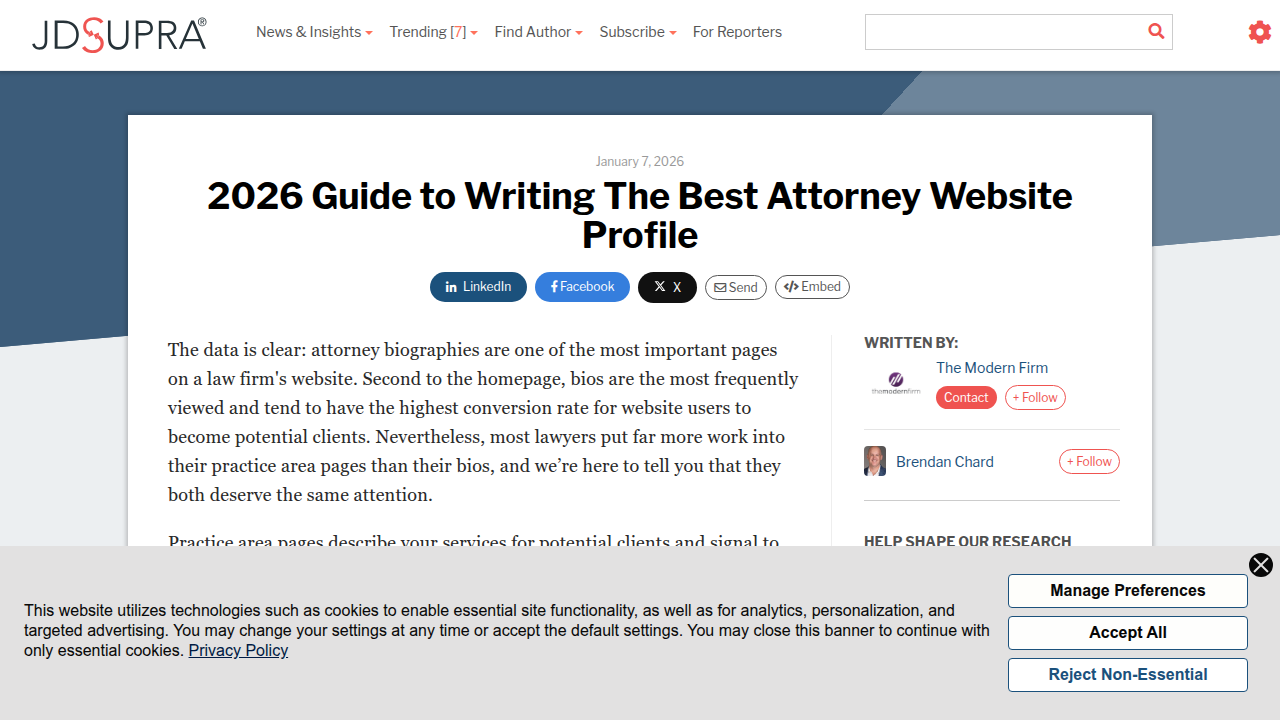 Screenshot of a JD Supra guide offering advice on crafting effective attorney website profiles for improved discoverability and SEO.