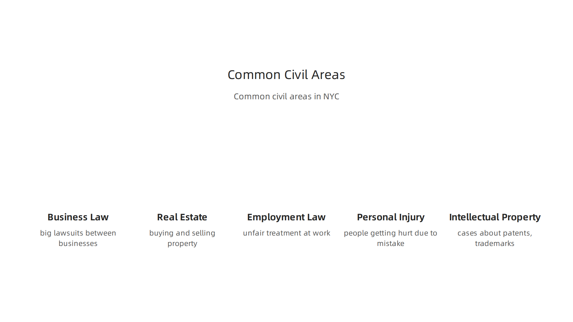 Key civil law specializations prevalent in New York City, reflecting its diverse economic and social landscape.